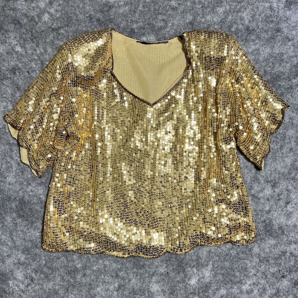 VTG Shopping With Anthony 100% Silk GOLD Sequin Blouse Top Womens M Scallopping